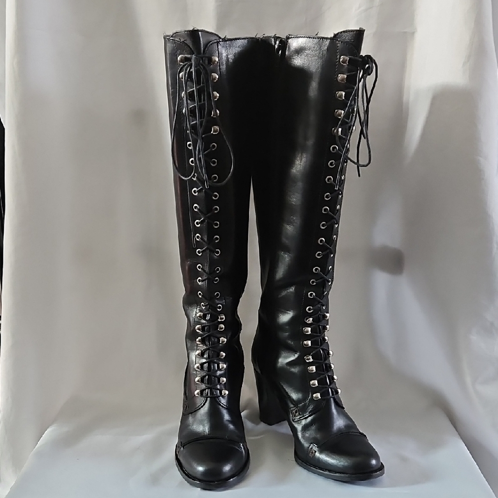 Charles David Black Knee High Lace-Up Boots